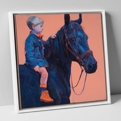 Indigo Beginnings horse & rider canvas wall art in white frame