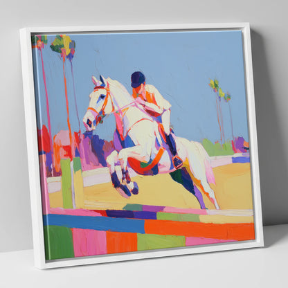 Technicolour Takeoff show jumping horse canvas wall art in white frame