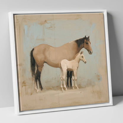 A Quiet Bond mare & foal canvas wall art in white frame