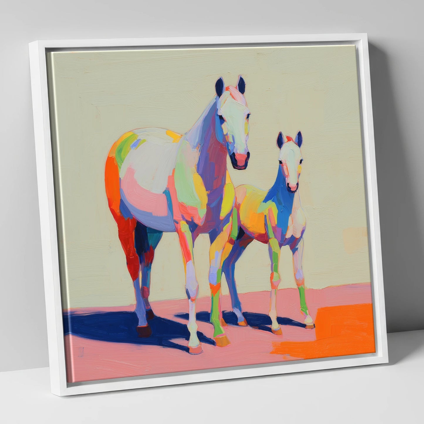 Technicolour Bond mare & foal canvas wall art in white frame