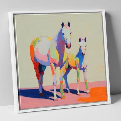 Technicolour Bond mare & foal canvas wall art in white frame