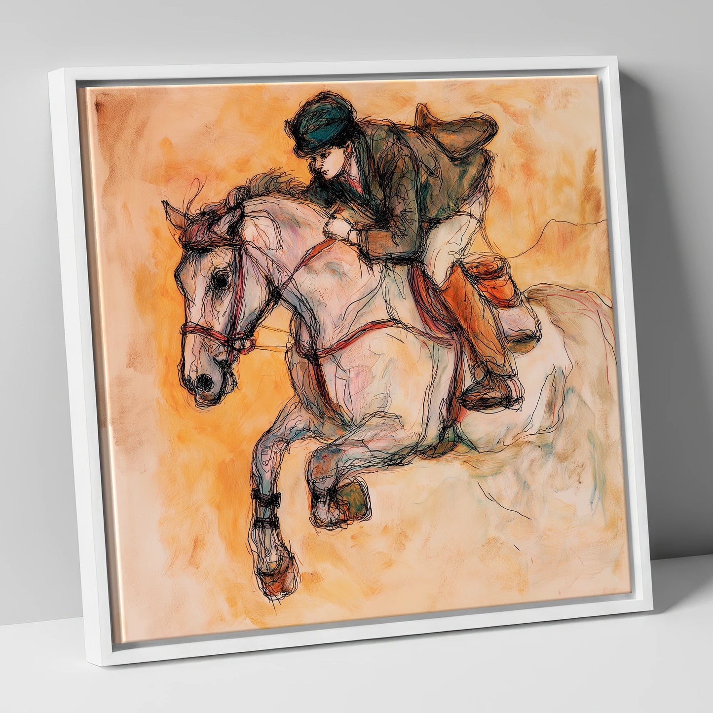 Airborne in Ochre show jumping horse canvas wall art in white frame
