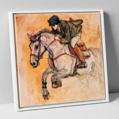 Airborne in Ochre show jumping horse canvas wall art in white frame