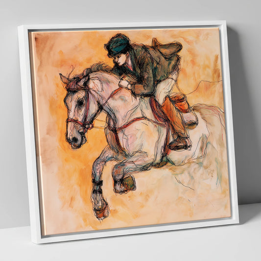 Airborne in Ochre show jumping horse canvas wall art in white frame