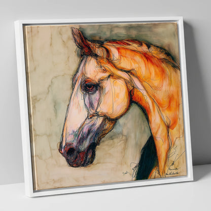 Sienna Wash Equine Study horse portrait canvas wall art in white frame