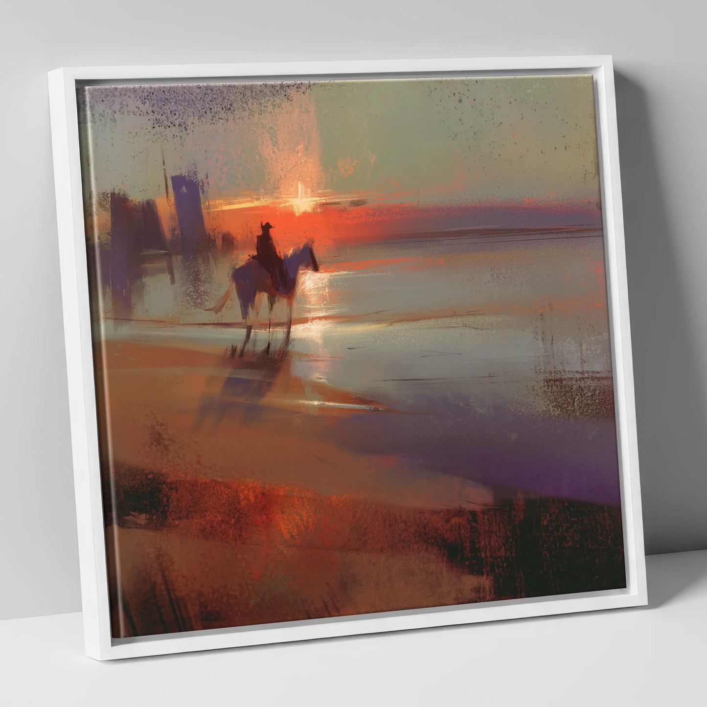 Crimson Horizon Ride horse landscape canvas wall art in white frame