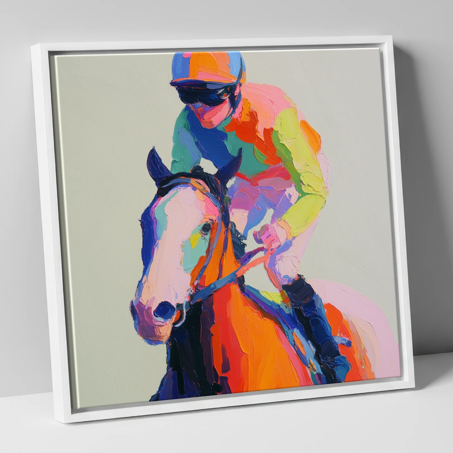 The Vibrant Sprint racing horse canvas wall art in white frame
