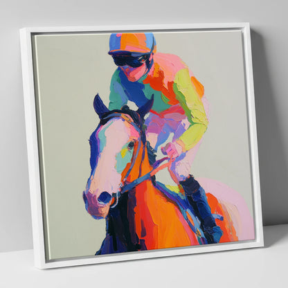 The Vibrant Sprint racing horse canvas wall art in white frame