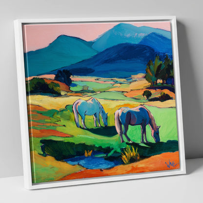Painted Valley Grazing horse landscape canvas wall art in white frame