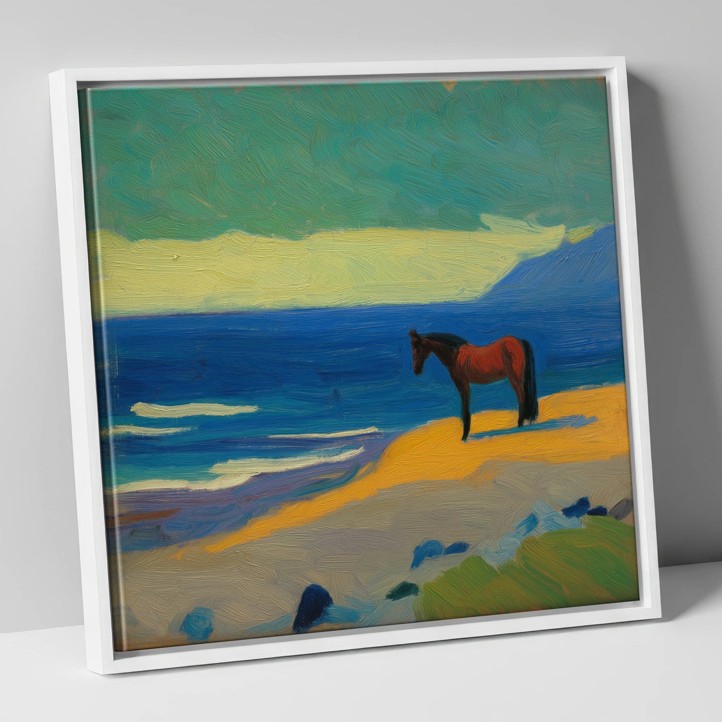 Azure Shoreline Stillness horse landscape canvas wall art in white frame