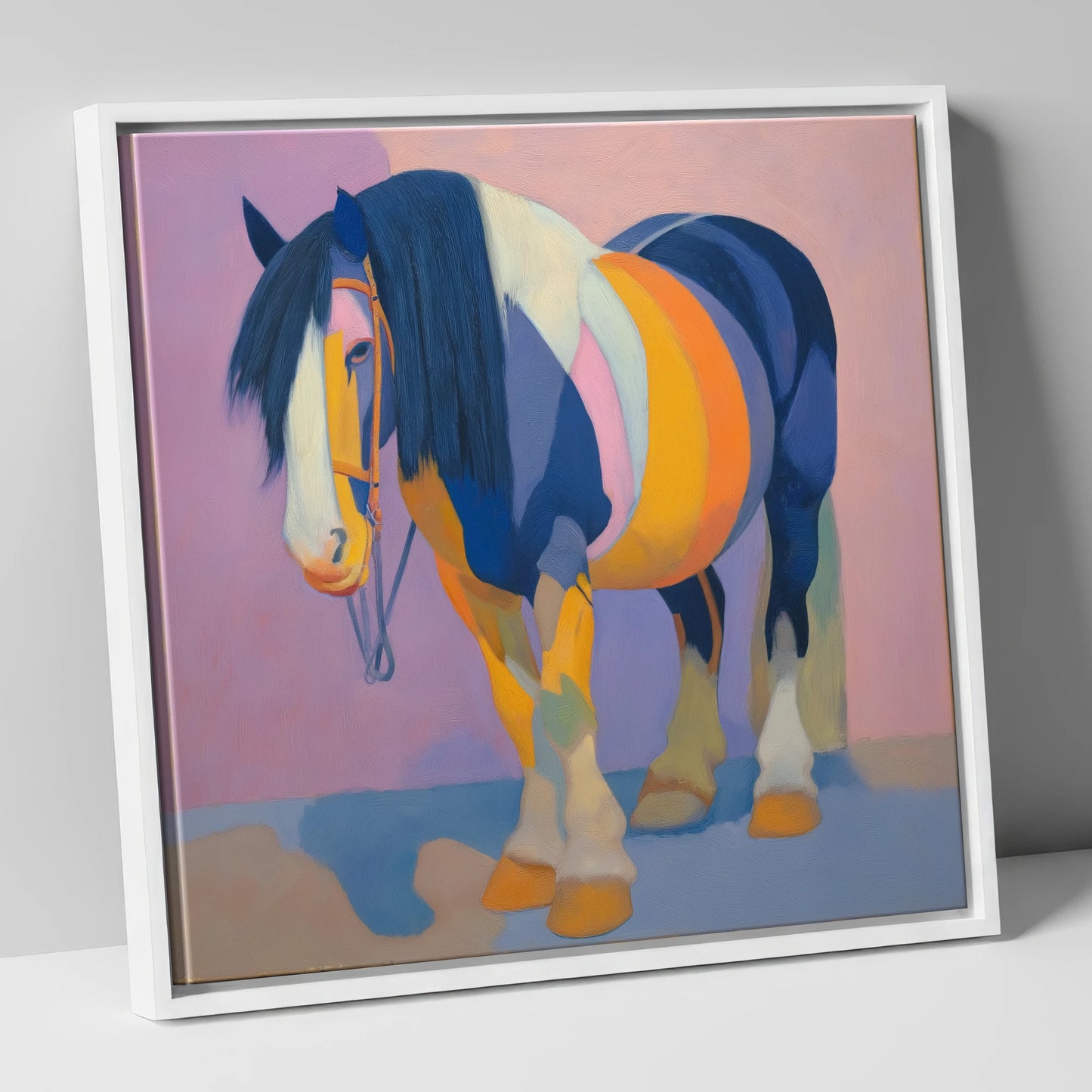 Vibrant Indigo Cob horse breed canvas wall art in white frame