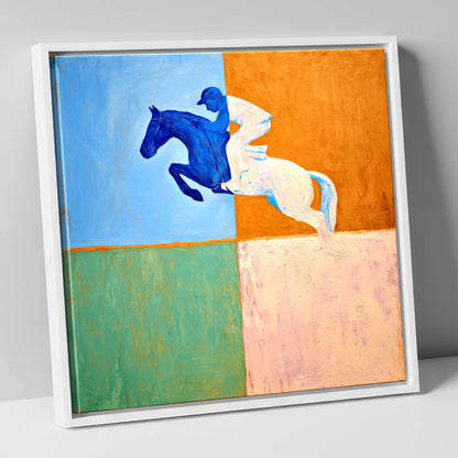Abstract Cobalt Leap show jumping horse canvas wall art in white frame
