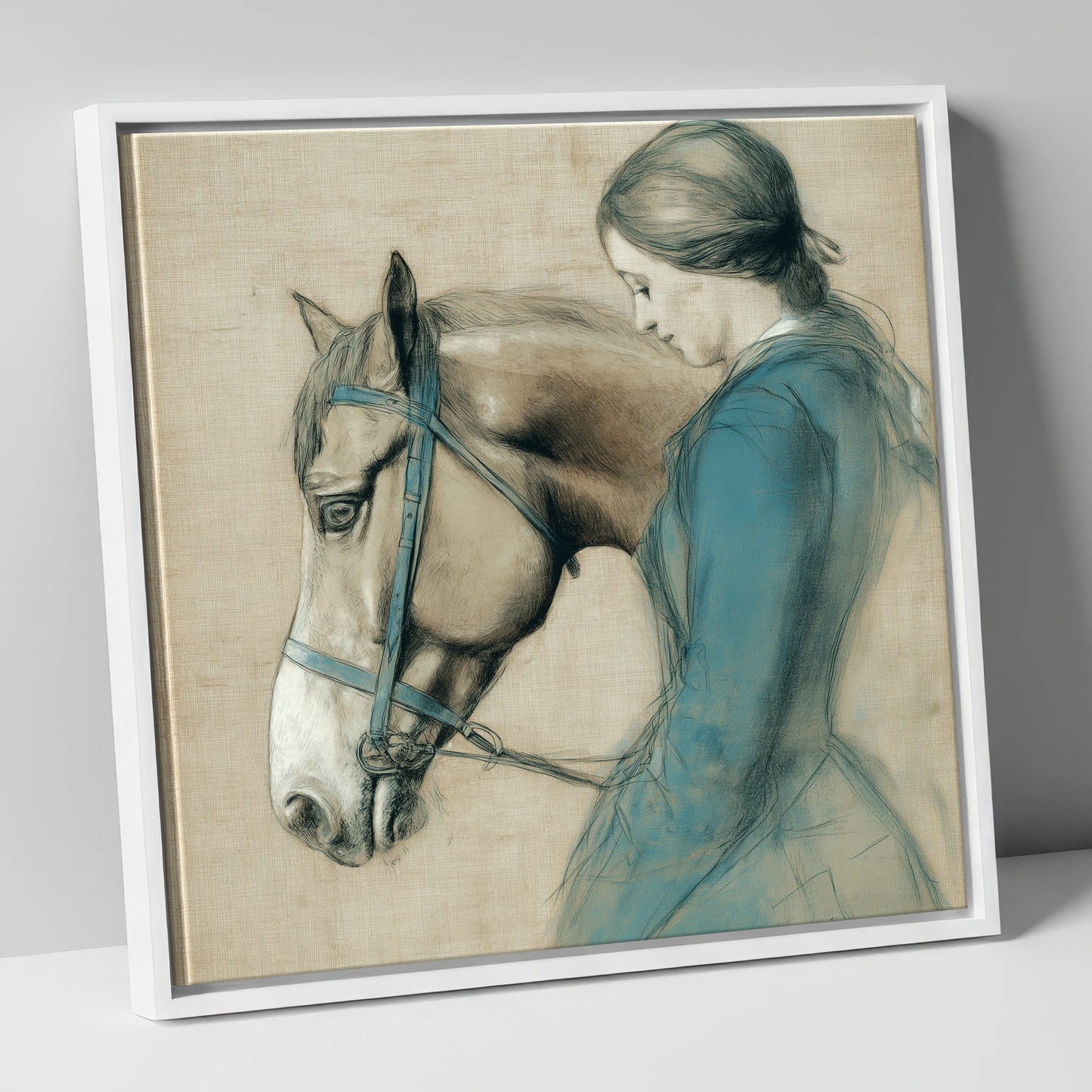 The Silent Bond horse & rider canvas wall art in white frame