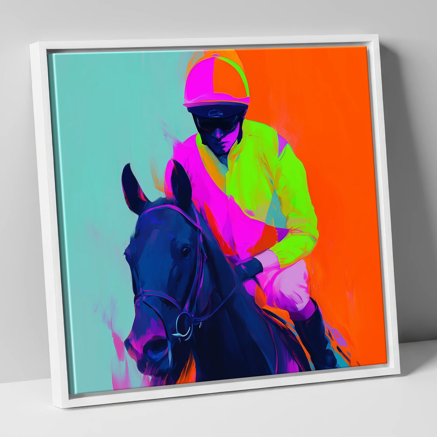 Electric Pace racing horse canvas wall art in white frame