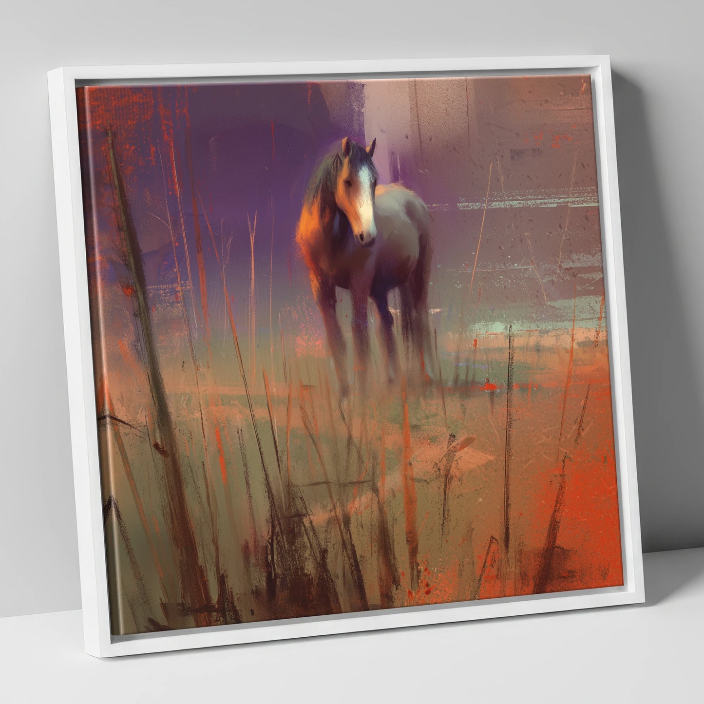 Violet Dawn Solitude horse landscape canvas wall art in white frame