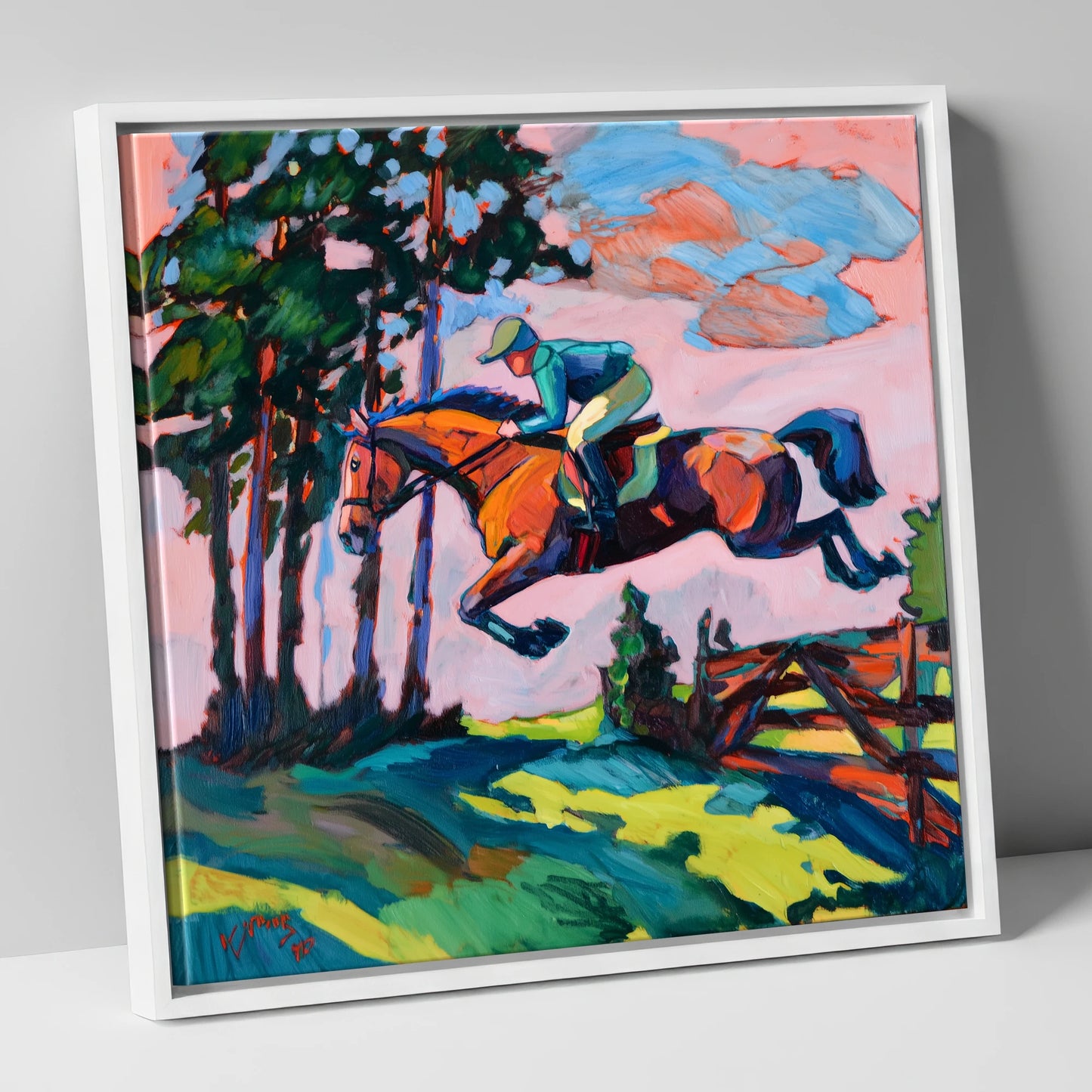Vibrant Cross Country Leap show jumping horse canvas wall art in white frame
