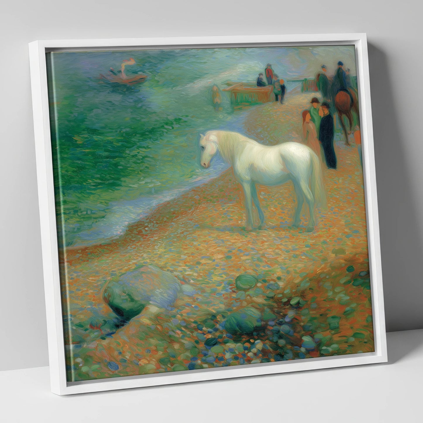 Luminous Shoreline Solitude horse landscape canvas wall art in white frame