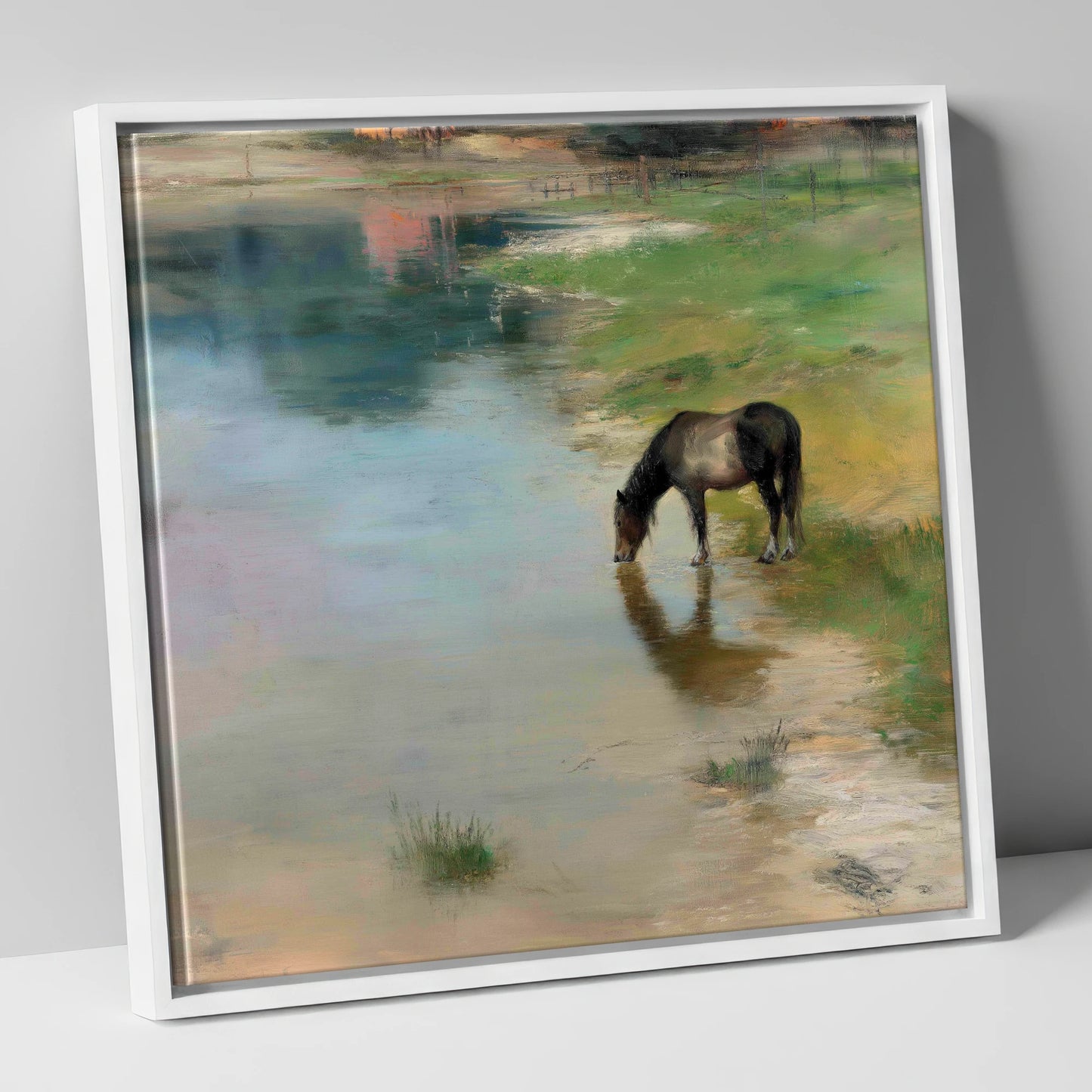 Quiet Waters Edge horse landscape canvas wall art in white frame