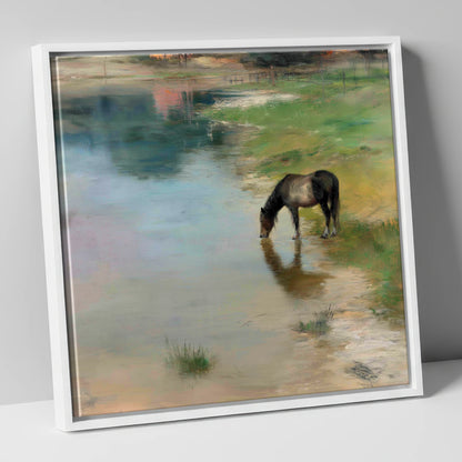 Quiet Waters Edge horse landscape canvas wall art in white frame