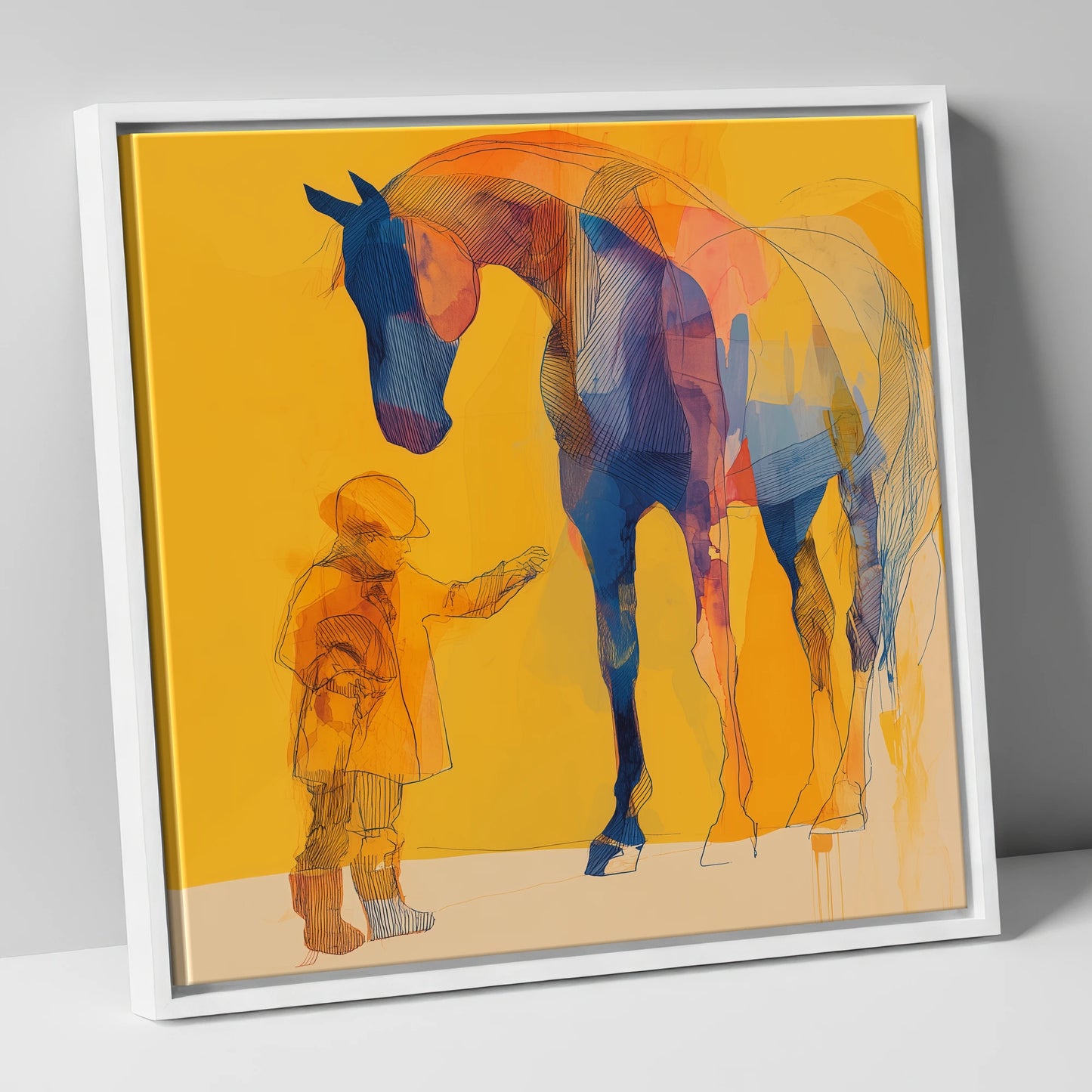 First Encounter in Gold horse & rider canvas wall art in white frame