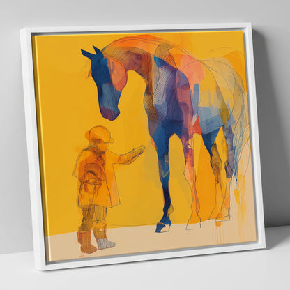 First Encounter in Gold horse & rider canvas wall art in white frame
