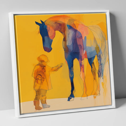 First Encounter in Gold horse & rider canvas wall art in white frame