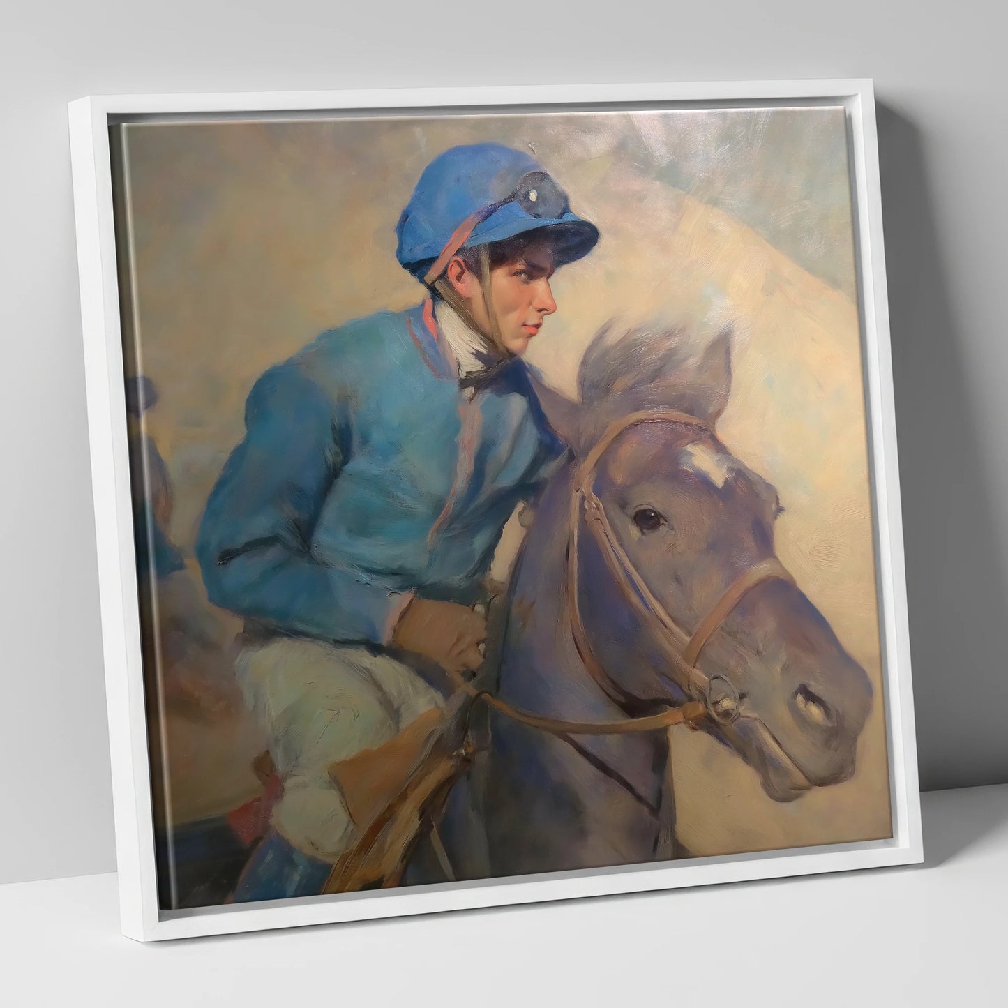 The Cerulean Silks racing horse canvas wall art in white frame