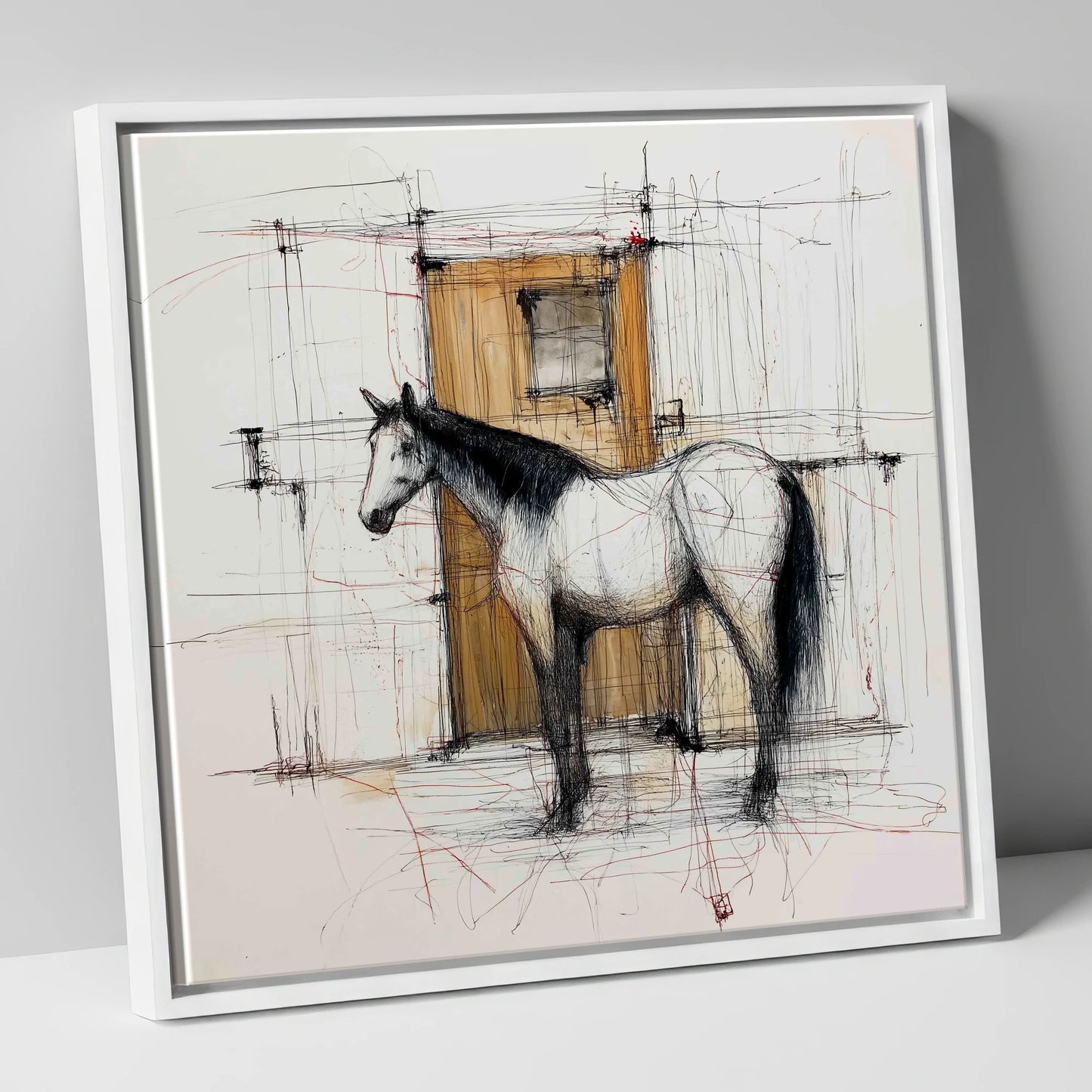 Waiting At The Stable Door horse stable canvas wall art in white frame