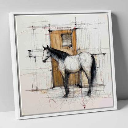 Waiting At The Stable Door horse stable canvas wall art in white frame
