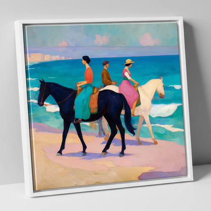 Azure Coastal Hack horse landscape canvas wall art in white frame