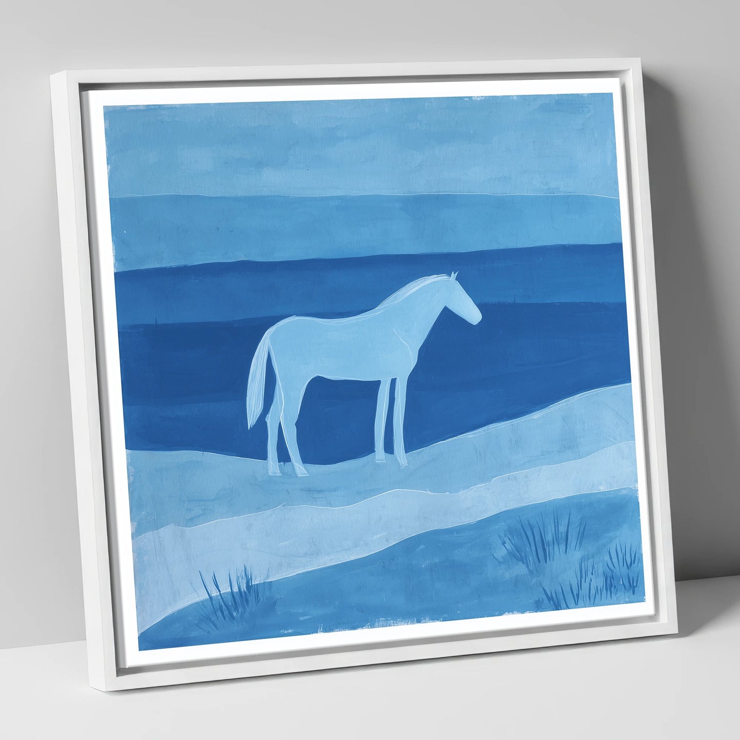 Cerulean Serenity horse landscape canvas wall art in white frame