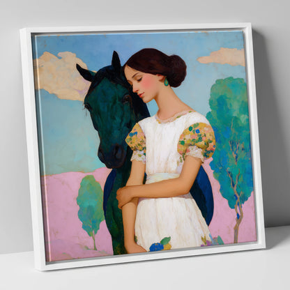 Quiet Colourful Bond horse & rider canvas wall art in white frame