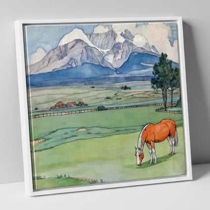 Alpine Pastures horse landscape canvas wall art in white frame