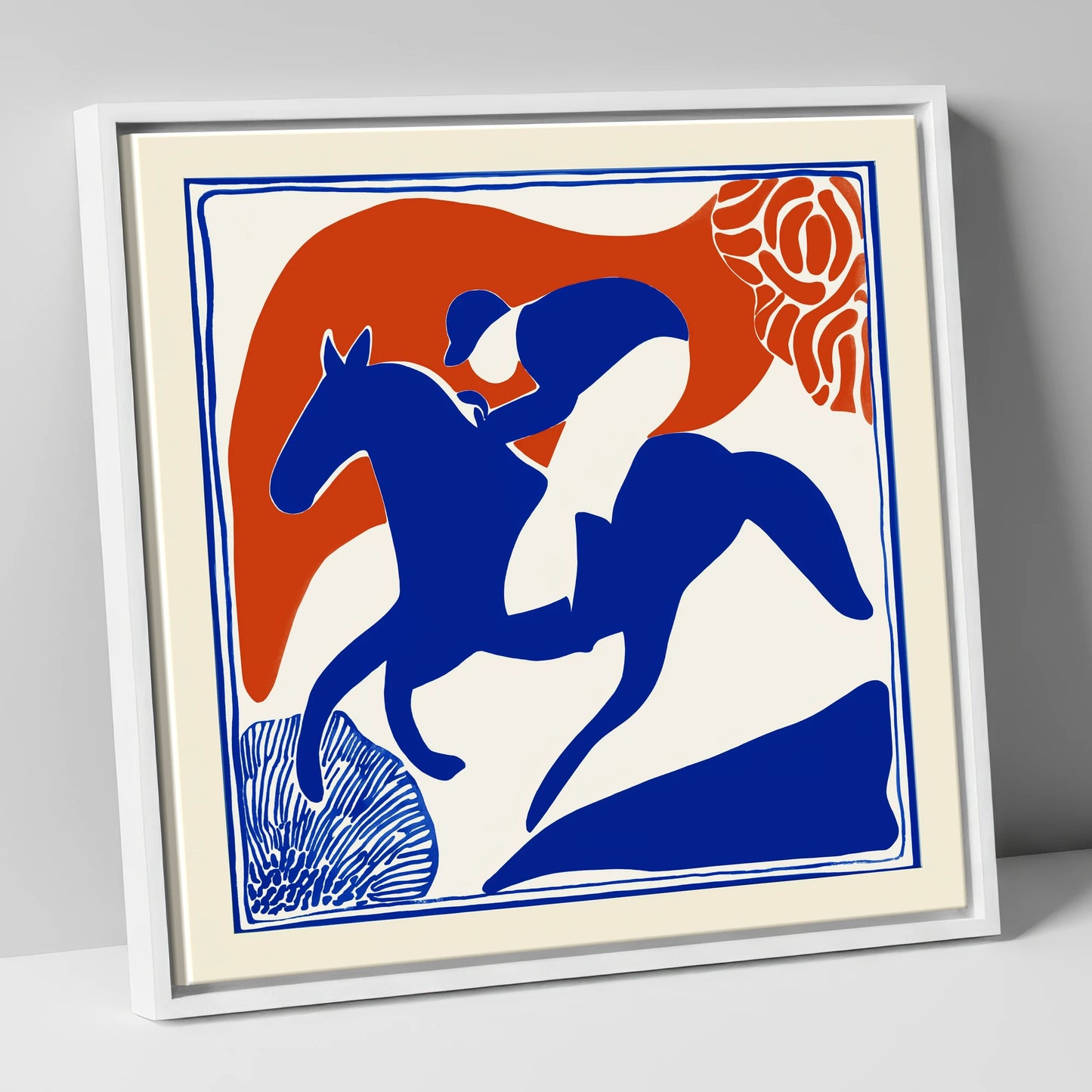 The Cobalt Furlong racing horse canvas wall art in white frame