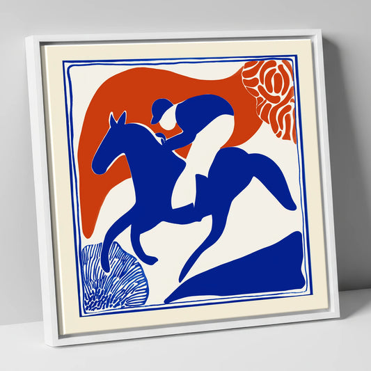 The Cobalt Furlong racing horse canvas wall art in white frame