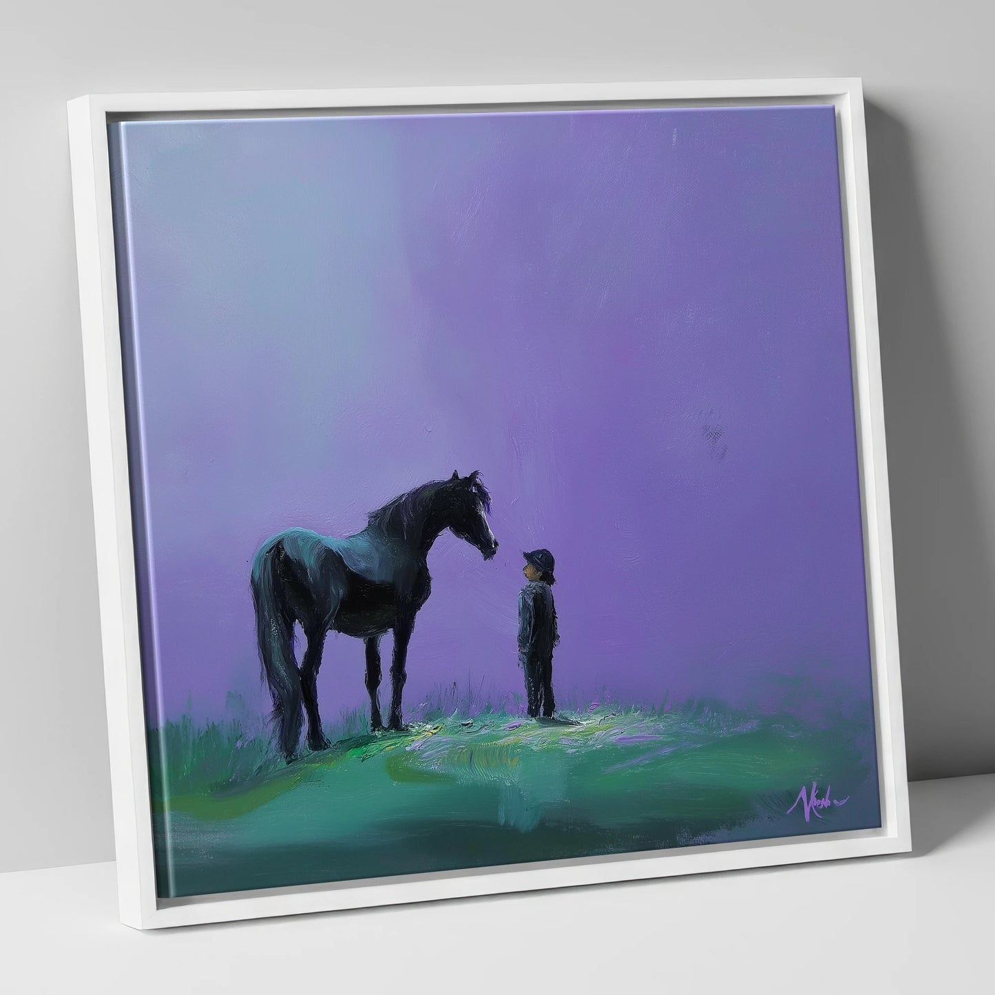Shared Silence horse & rider canvas wall art in white frame