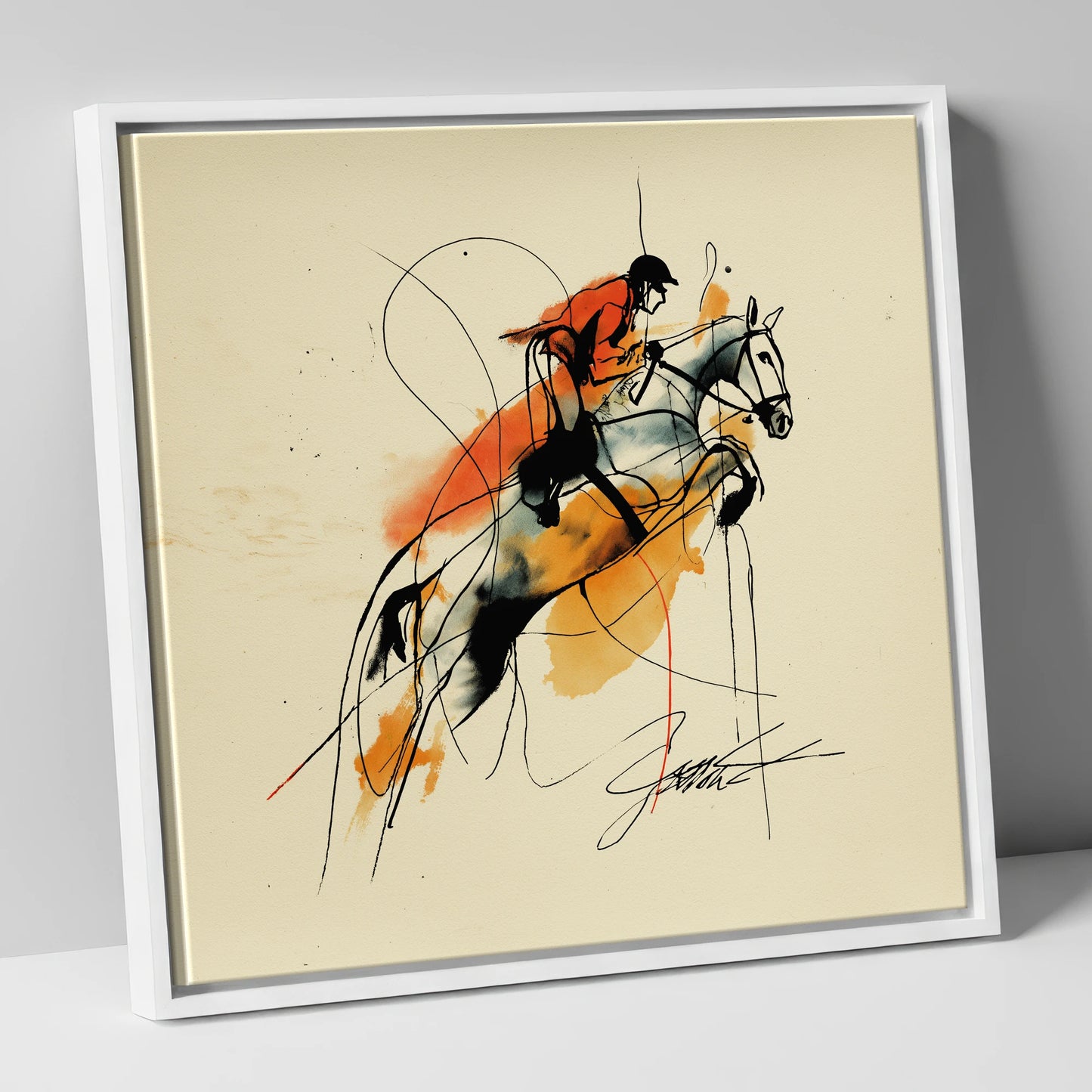 Suspended in Amber show jumping horse canvas wall art in white frame