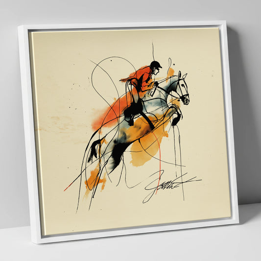 Suspended in Amber show jumping horse canvas wall art in white frame