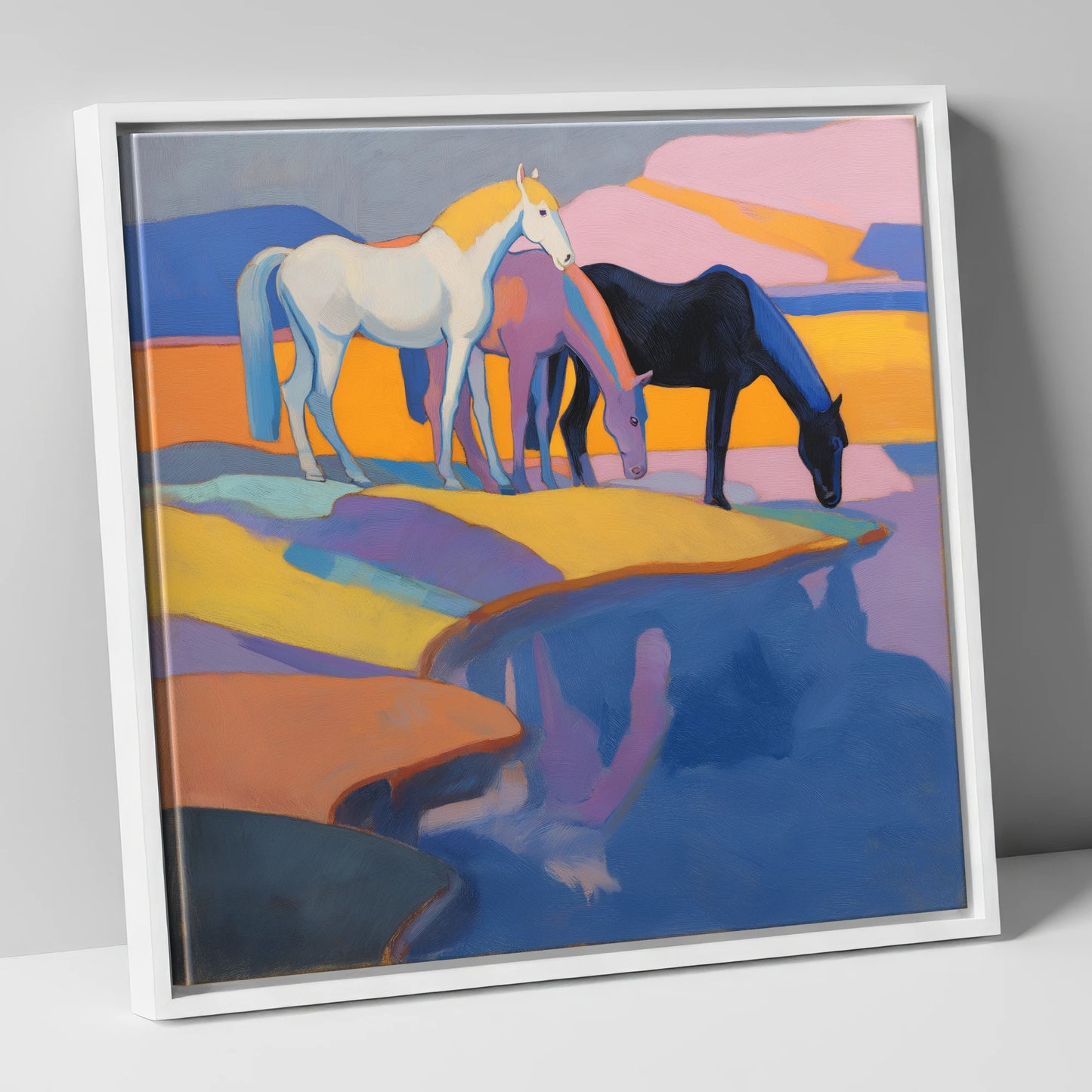 Colours of the Waterhole wild horses canvas wall art in white frame