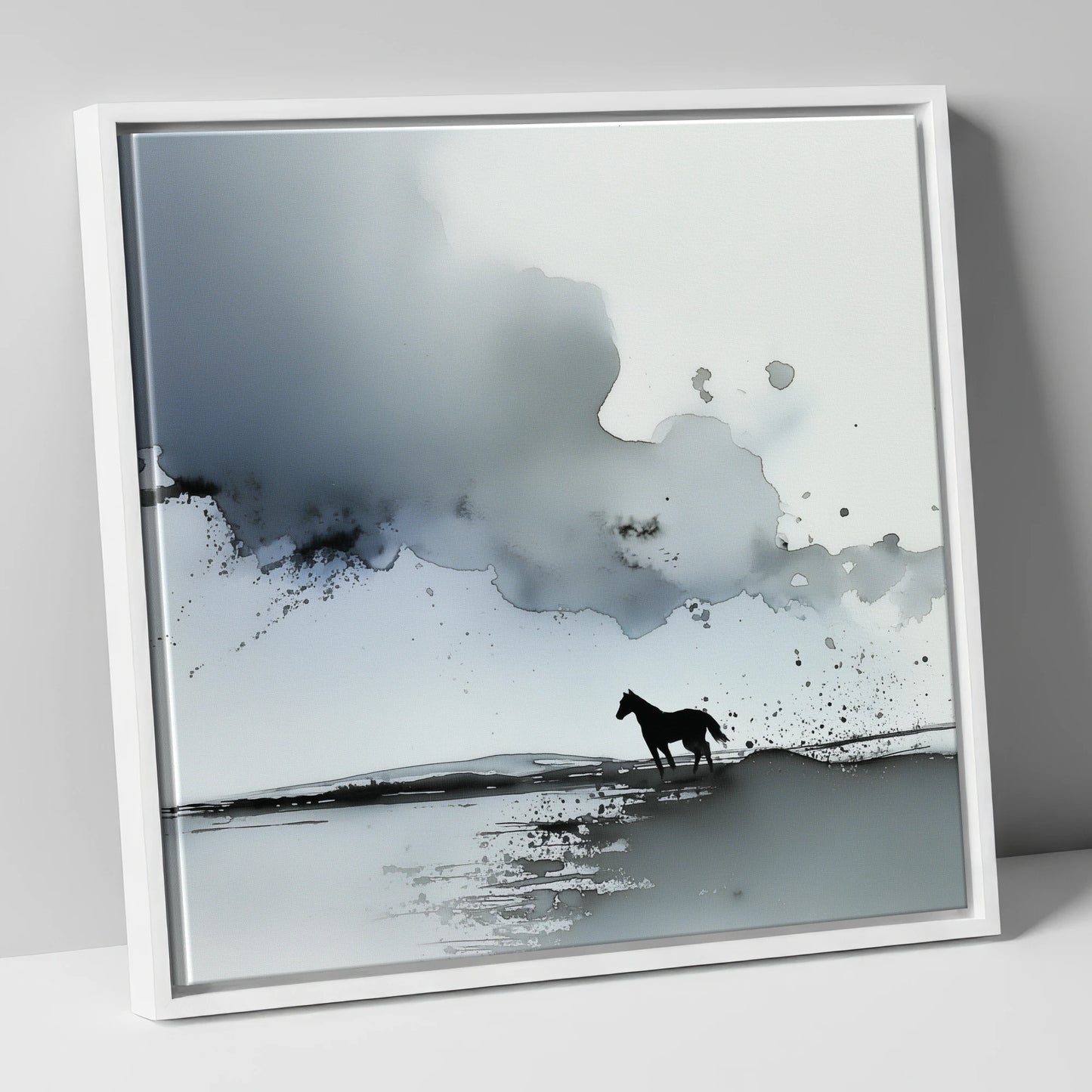 Atmospheric Grey Horizon horse landscape canvas wall art in white frame