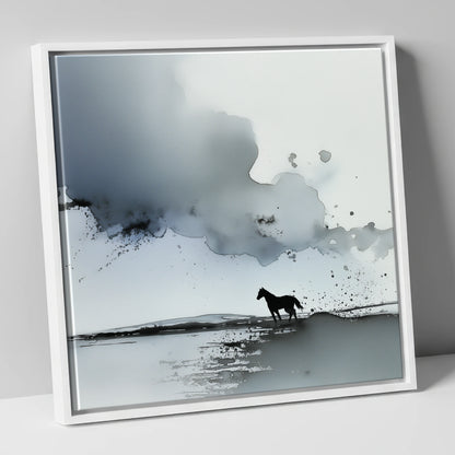 Atmospheric Grey Horizon horse landscape canvas wall art in white frame