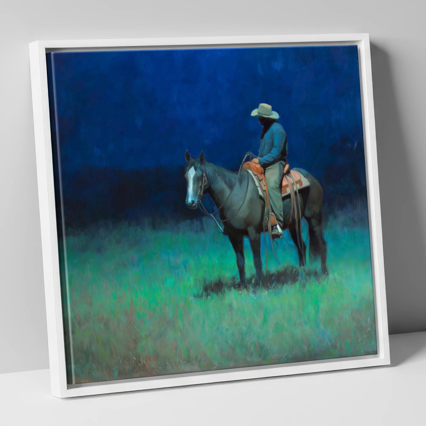 Indigo Silence western horse canvas wall art in white frame