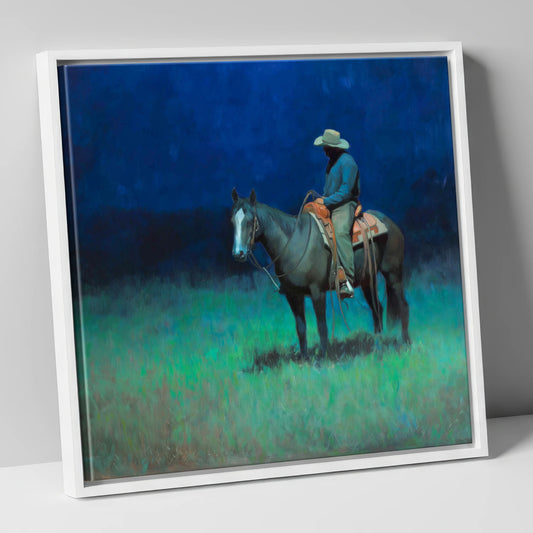 Indigo Silence western horse canvas wall art in white frame