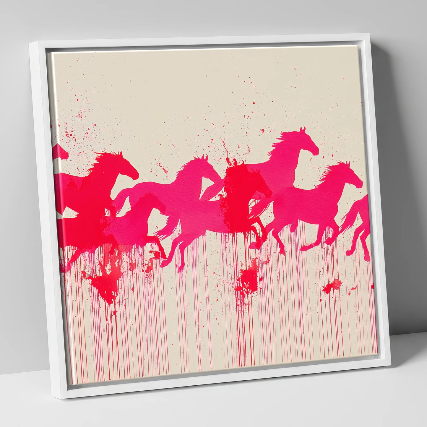 Vivid Magenta Herd wild horses canvas wall art in white frame
