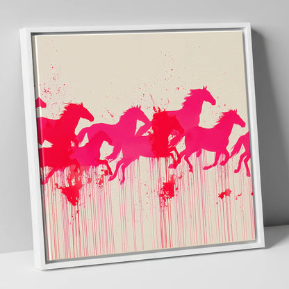 Vivid Magenta Herd wild horses canvas wall art in white frame
