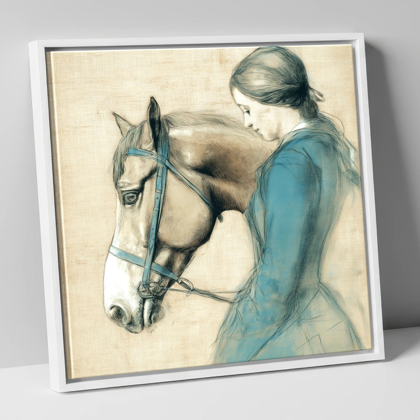 The Silent Bond horse & rider canvas wall art in white frame