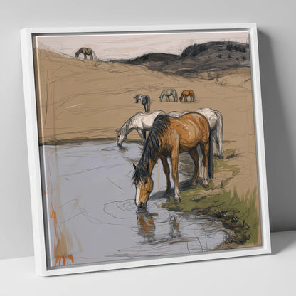 Quiet at the Waterhole wild horses canvas wall art in white frame