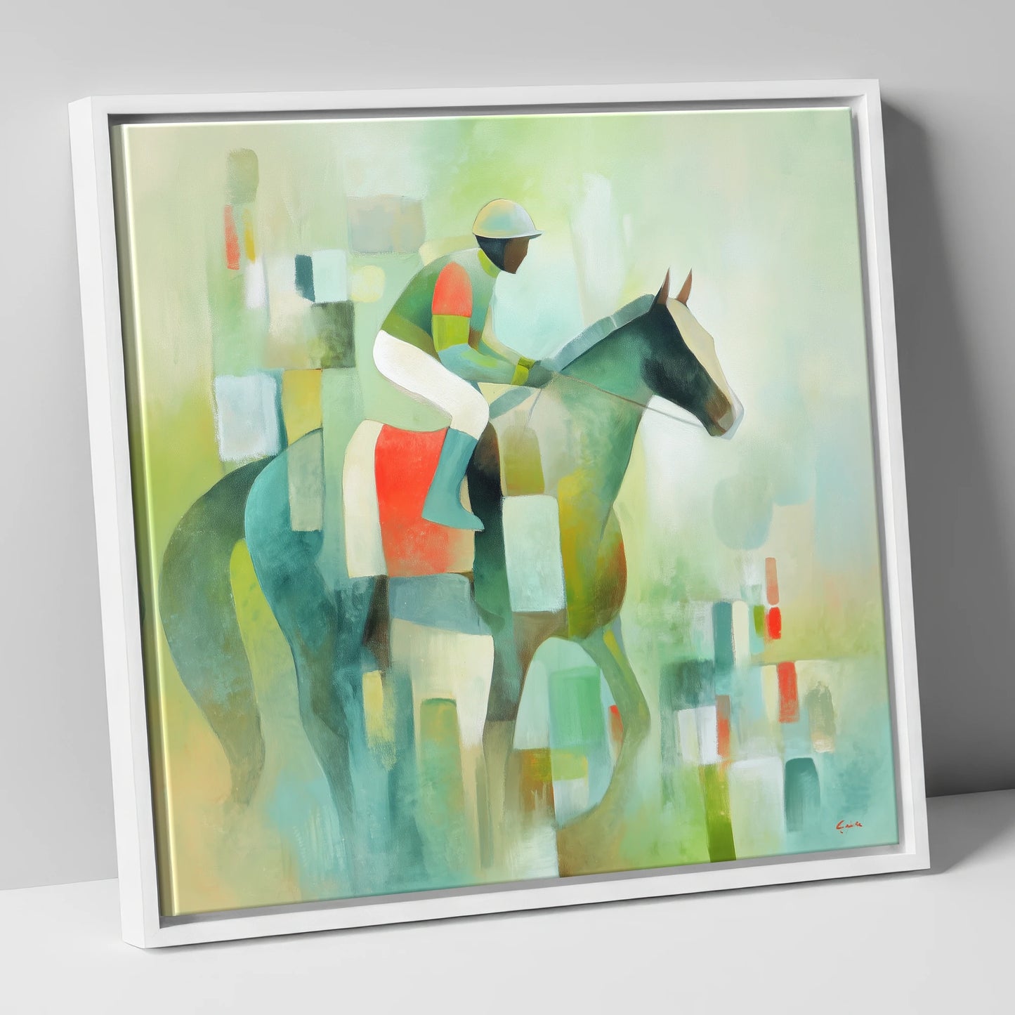 Serene Racing Geometry racing horse canvas wall art in white frame