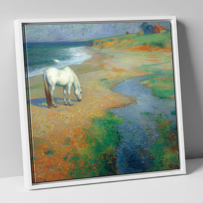 Vibrant Coastal Grazing horse landscape canvas wall art in white frame