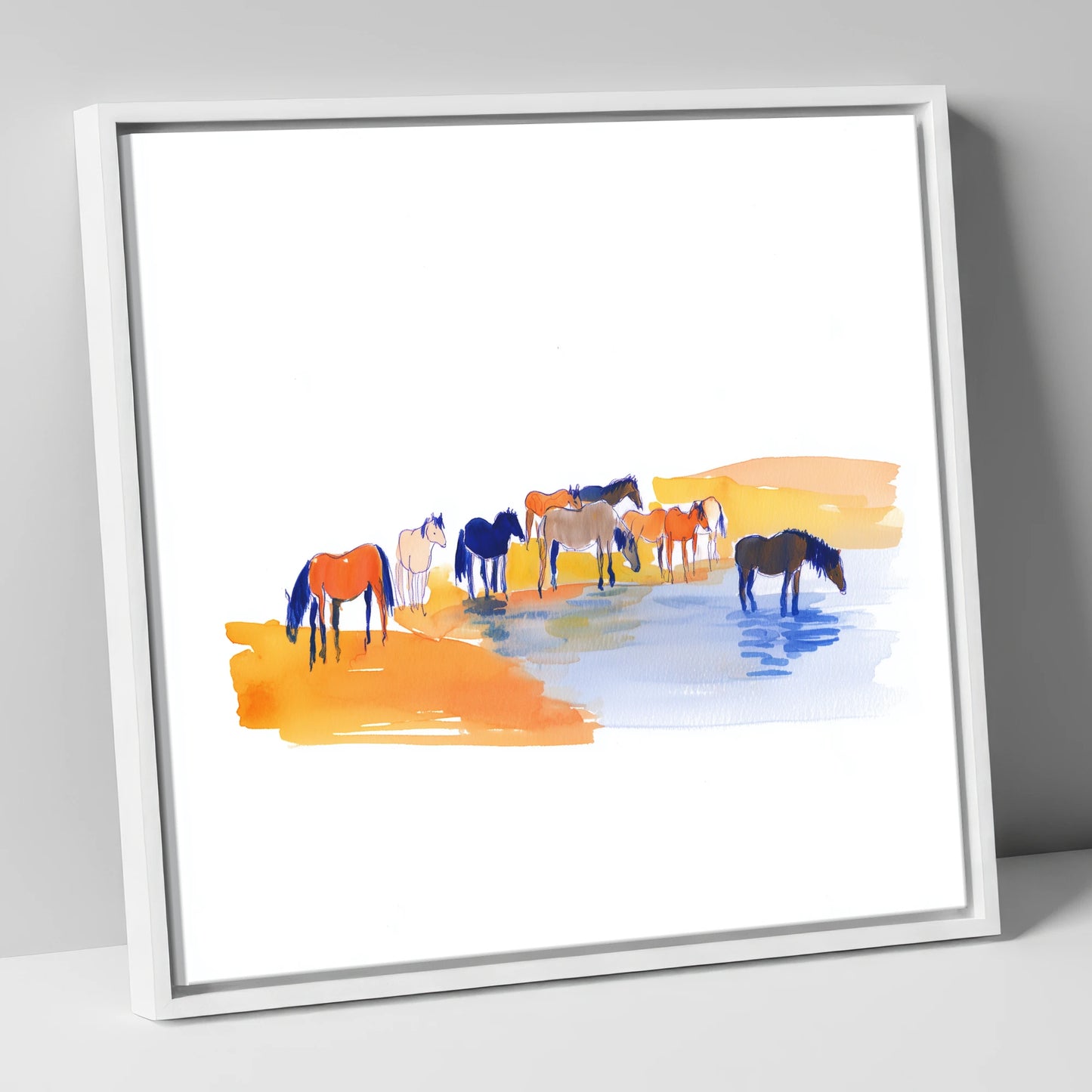 Oasis Gathering wild horses canvas wall art in white frame